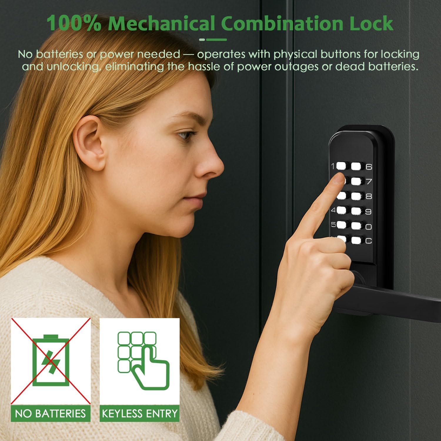 High-Security 12 Digit Keypad Mechanical Door Lock - Keyless Entry, Code Combination Lock with Handle, Waterproof & Rustproof, No Battery, Easy to Install, BH-MDLS0030202