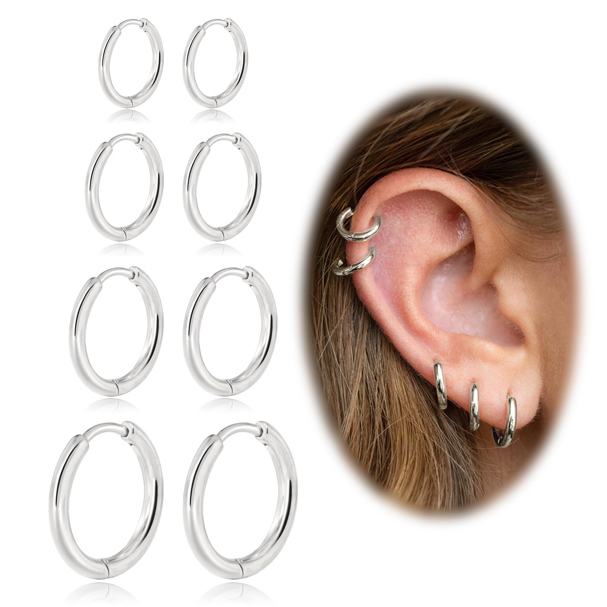 Set van 4 paar oorbellen, goud en zilver, medische chirurgisch staal, oorbellen voor dames en heren, hypoallergeen, roestvrij staal, dunne creolen voor helixpiercing voor mannen, 6 mm, 8 mm, 10 mm, 12