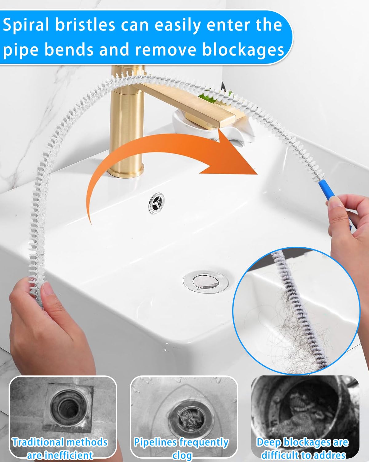 3 Piezas Cepillo de Limpieza para Desagüe, Herramienta de Drenaje para Eliminar Pelos y Desatascar, Cepillos para Tuberías, para Cocina, Fregadero y baño
