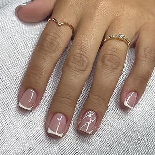 French Press On Nails Short Square, Nude Fake Nails with White French Tips, Delicately Adorned with Silver Streaks, Glossy Gel Finish, Thick Natural Reusable Glue On Nails Kit for Women