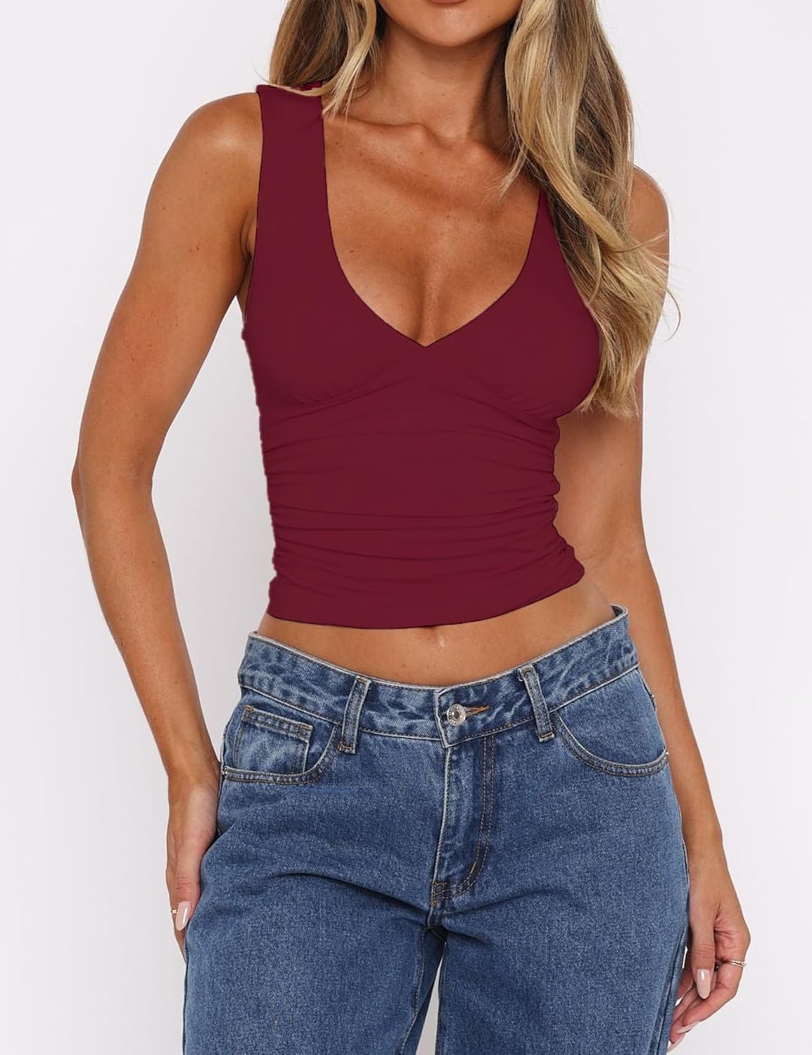 ForeFair Womens Deep V Neck Crop Tank Tops Going Out Double Lined Sexy Crop Top Sleeveless Slim Fit Y2k Summer Tops - Image 2