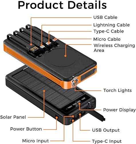Miniatura 7 de Banco de energía portátil solar al aire libre con carga inalámbrica, cables de carga incorporados, batería de 10000 mAh, IP65 impermeable, a prueba