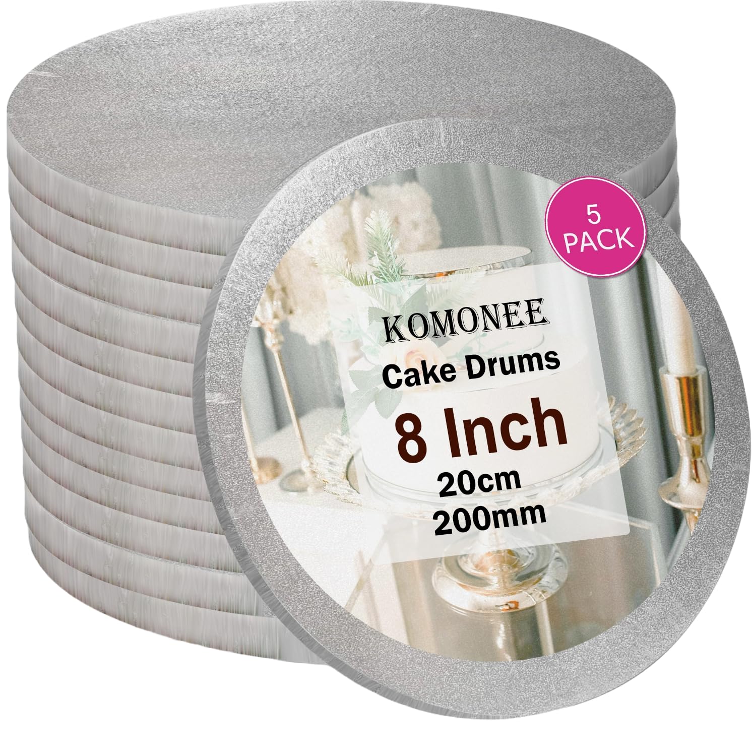 Cake Drum Boards 8" Inch Silver Round Baking Base For Home Parties Weddings Birthdays Cupcakes Display Stand (Pack Of 5)