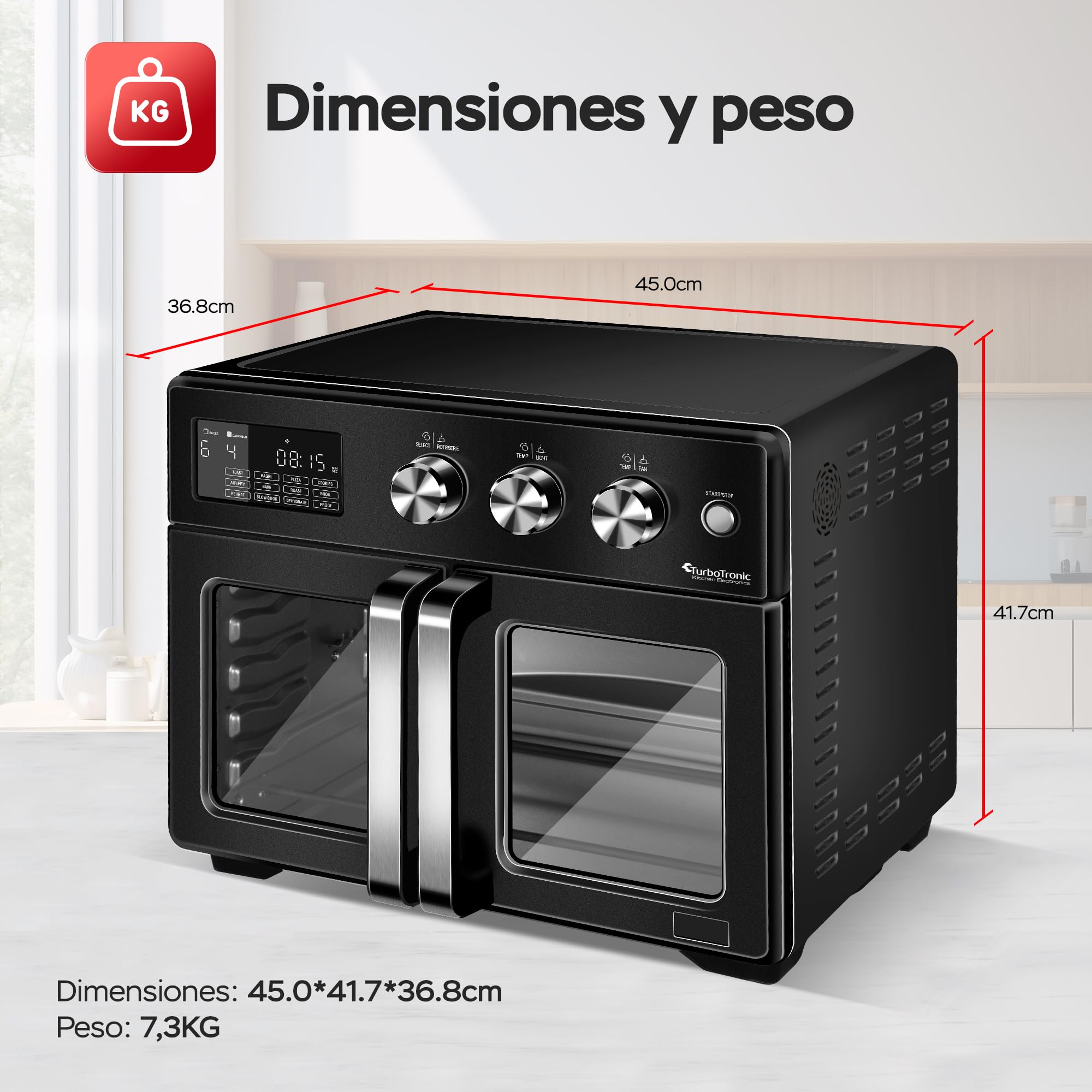 TurboTronic Mini Backofen - 4in1 Heißluftofen und Heißluftfritteuse XXL Version 32L inkl. Drehspieß & viel Zubehör, Dörrgerät ab 25°C & Grill, Airfryer, kleine Mini Tisch Back Pizzaofen (schwarz)
