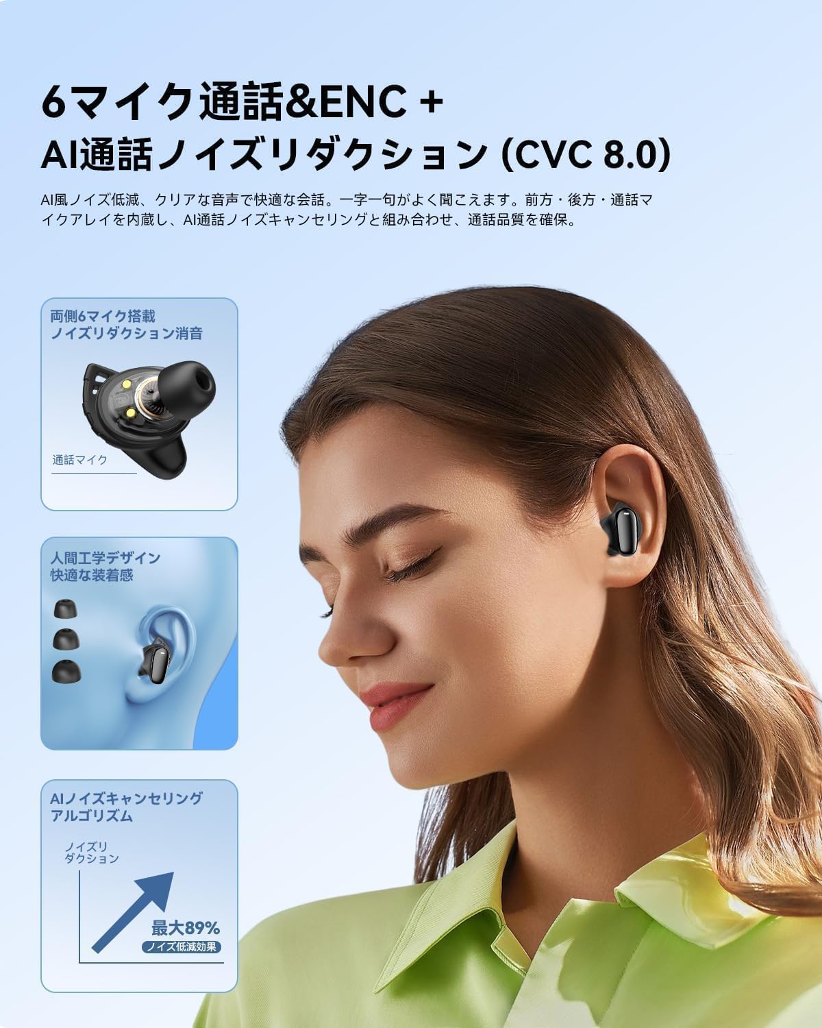 イヤホンのイヤチップ部分のクローズアップ、耳へのフィット感を示す。