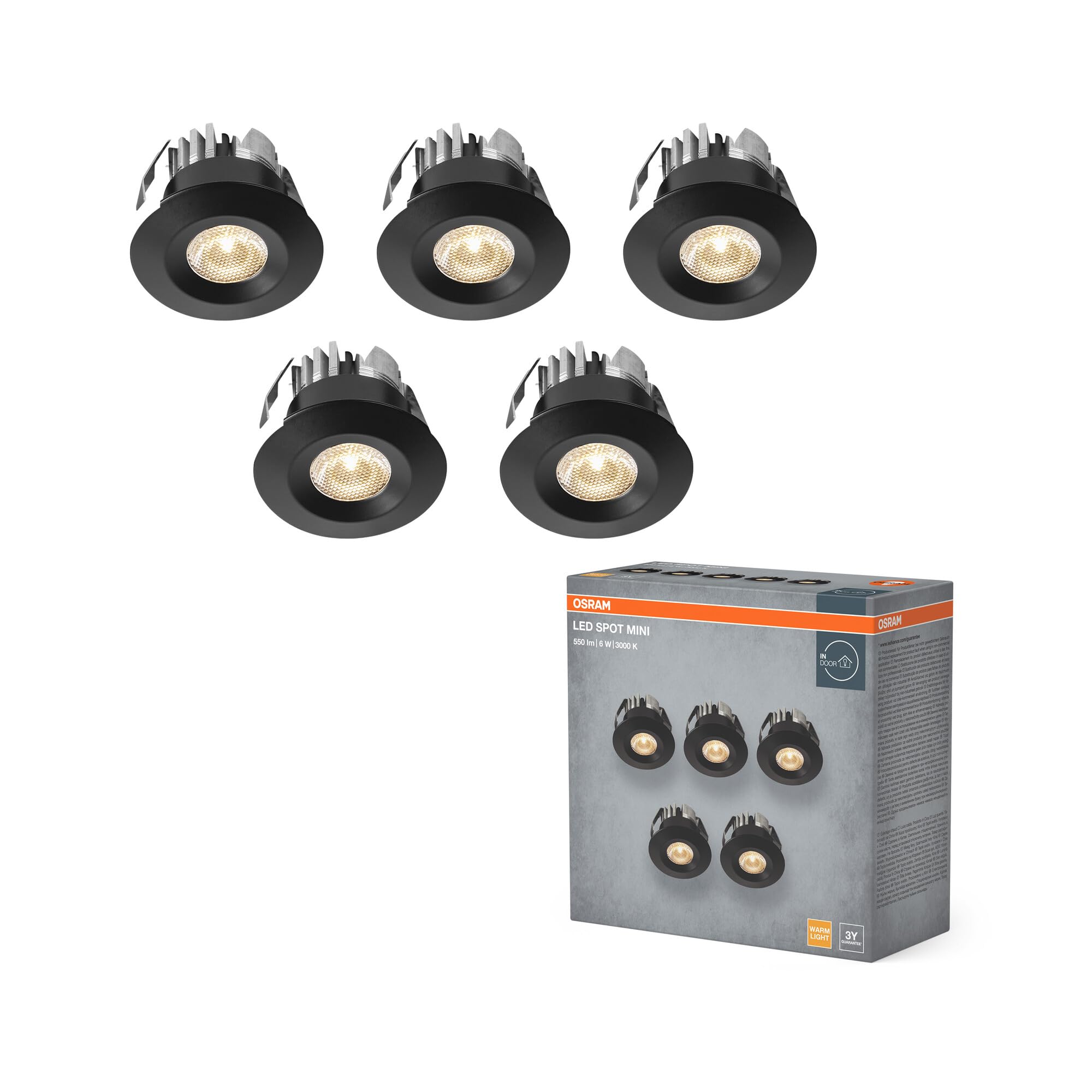 OSRAM Faretto da incasso LED Mini Spot 6W Nero IP44, set di 5 faretti da soffitto 42mm 450lm, bagno cucina bianco caldo 3000K