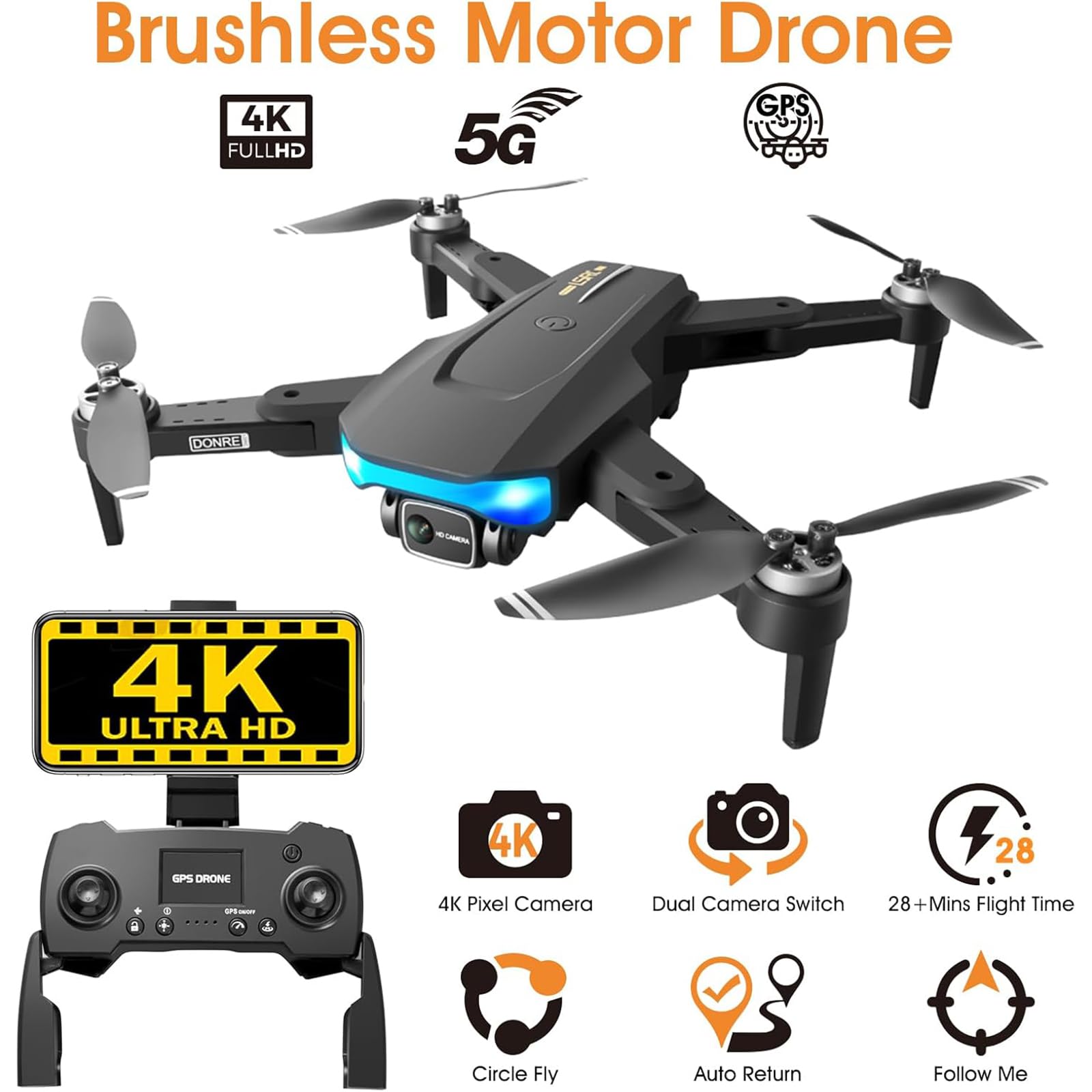Generico Drone GPS con telecamera 4K, motore Brushless, telecomando pieghevole RC Quadcopter Drone per principianti con ritorno automatico, Follow Me, Circle Fly, 28pcs pale dell'elica e 3pcs batteria
