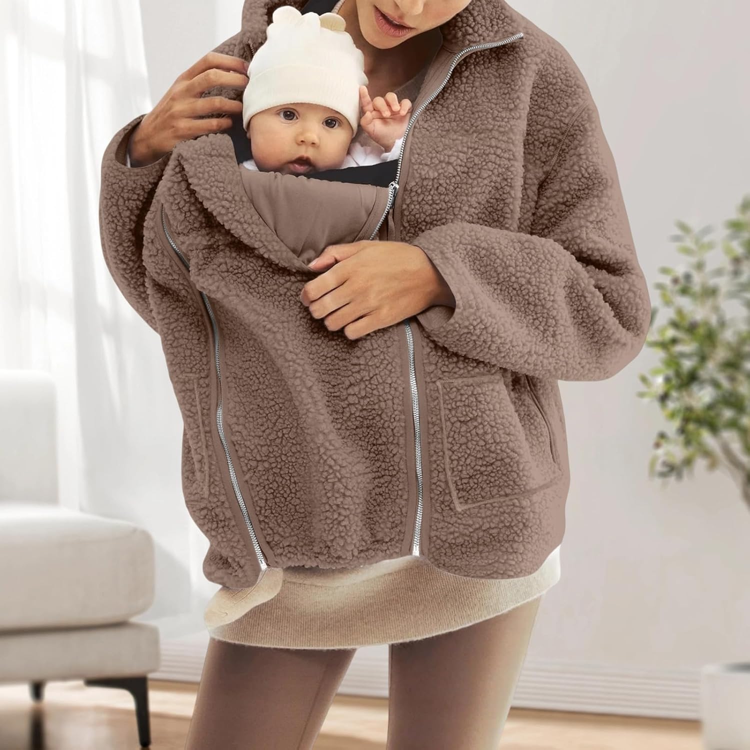 Women Fleece Zip Up 2 In 1 Baby Wearing Jacket,Maternity Winter Coat Thicken Wearing Outerwear Fleece Zip-Up Clothes