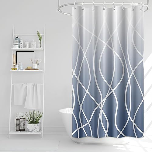 Miniatura 140 de Cortina de ducha pequeña a rayas gris claro degradado para baño, 36 x 72 pulgadas, juego de cortina de ducha geométrica para cabina de RV con Gris