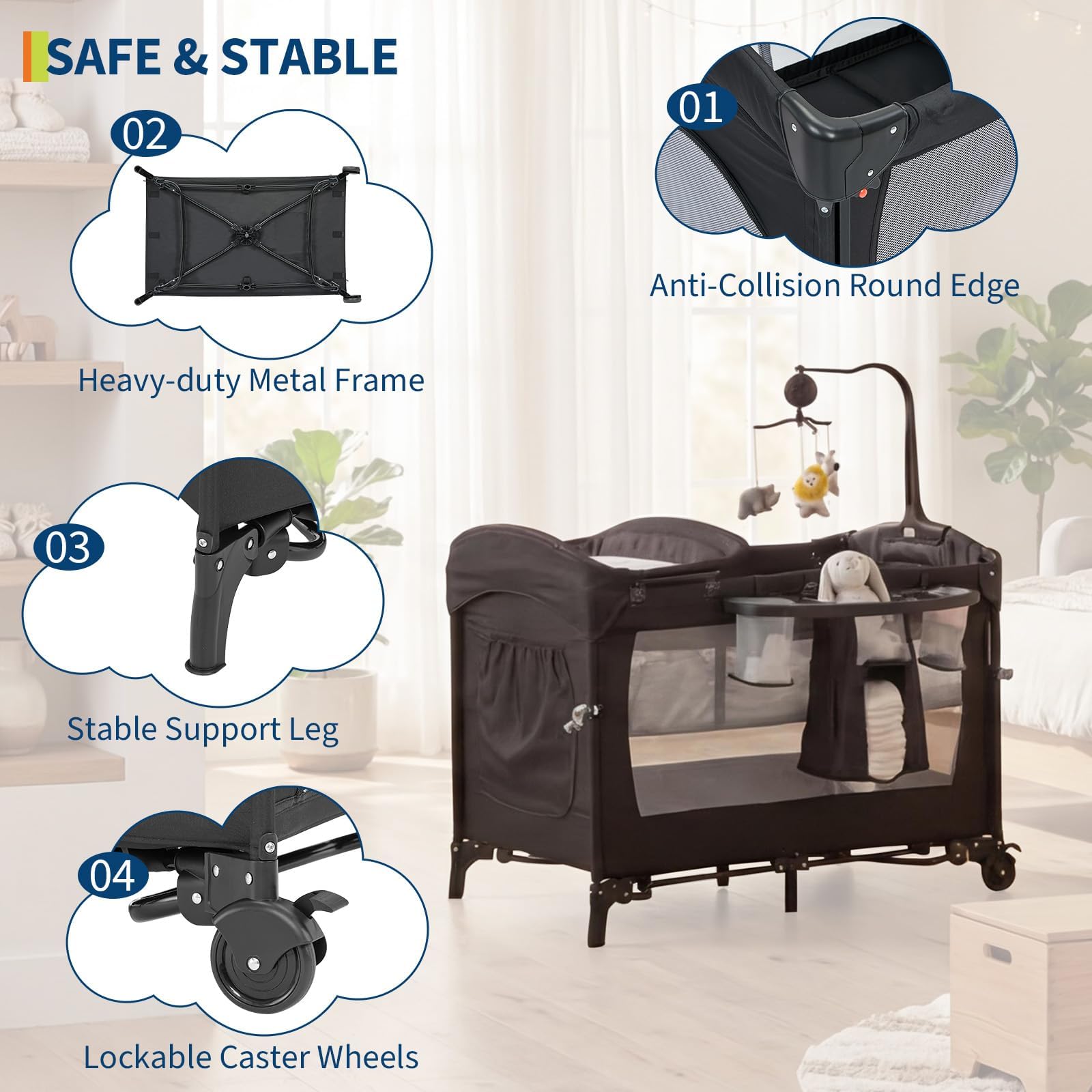 Garvee Babybett und Reisebett Baby mit Matratze, 5-in-1 klappbar Wiegefunktion Beistellbett Wickeltisch Spieluhr, Automatische Wiege Zum Einschlafen, mit Rollen atmungsaktive Netzfenster bis 15 kg