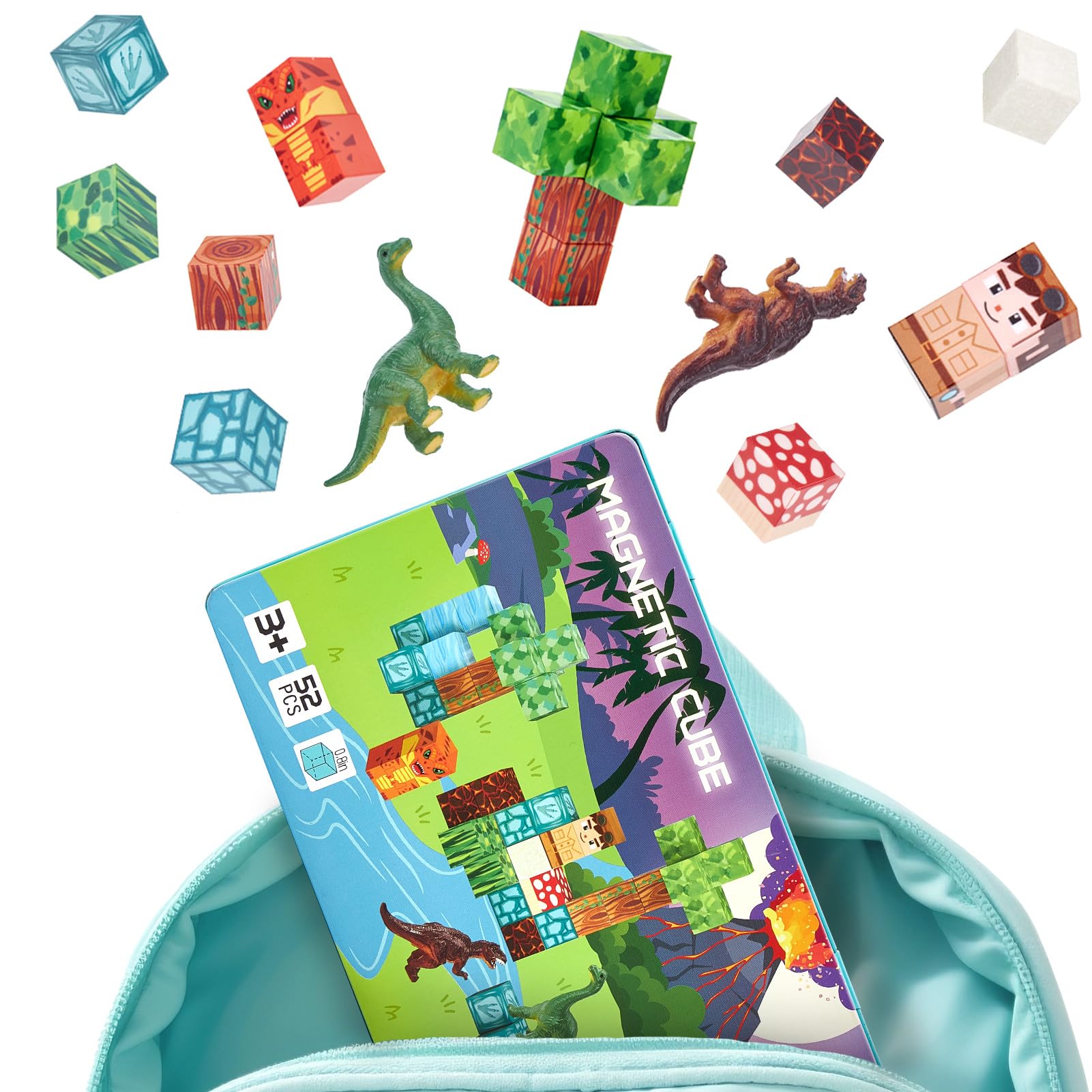 hahaland Costruzioni Magnetiche da Viaggio, 52 pezzi Cubi Magnetici Dinosauri per Bambini, Montessori Giocattolo Viaggio STEM Regali Ragazzi Ragazze 3 4 5 6 anni