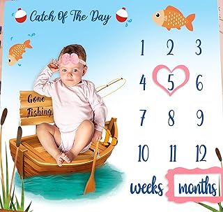PHMOJEN Baby Monthly Milestone Blanket | Gone Fishing | Little Fisherman Photo Prop | Unisex Month Blanket for Newborn Baby Shower | Includes Markers 40