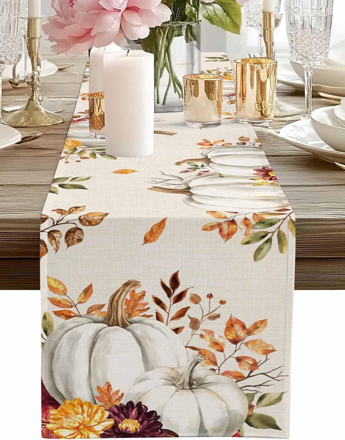 White Cotton Linen Table Runner - Maple Leaves & Floral Pumpkin Pattern - Thanksgiving & Fall Decor - 13x120 Inch