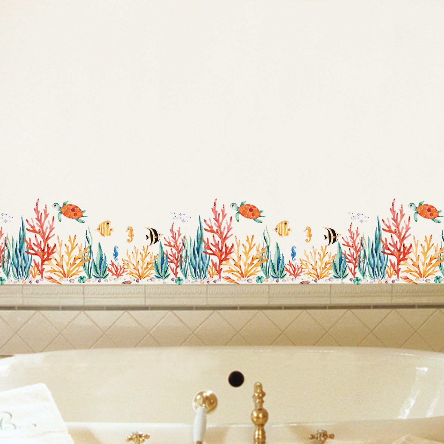 Water Grass Coral Fish Turtle Wall Border Lining Sticker Decal for Home Decor, Pink - Image 3