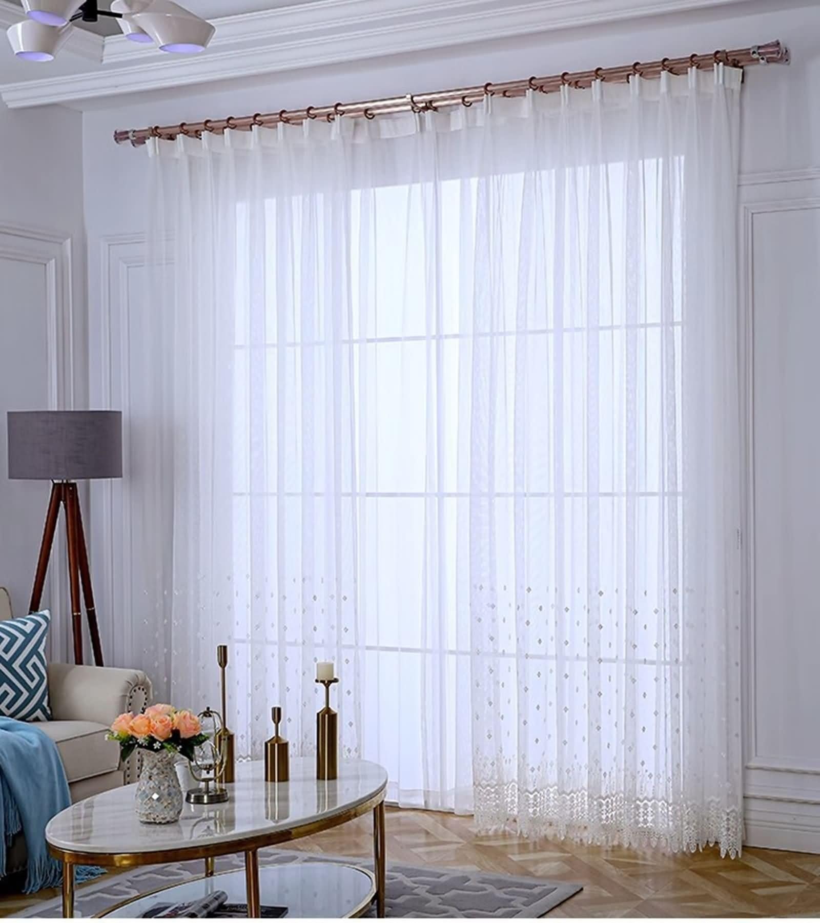 Küchengardinen Durchsichtig, Küchengardine Transparent Beige Weiß Spitzen Stickmuster Polyester Baumwolle 2er Set 96W x 138L cm