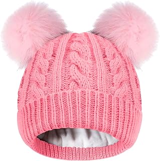 Kids Winter Beanie Hat, Toddler Warm Fleece Lined Knit Thick Beanies Cap with Double Pom Pom for Boys Girls