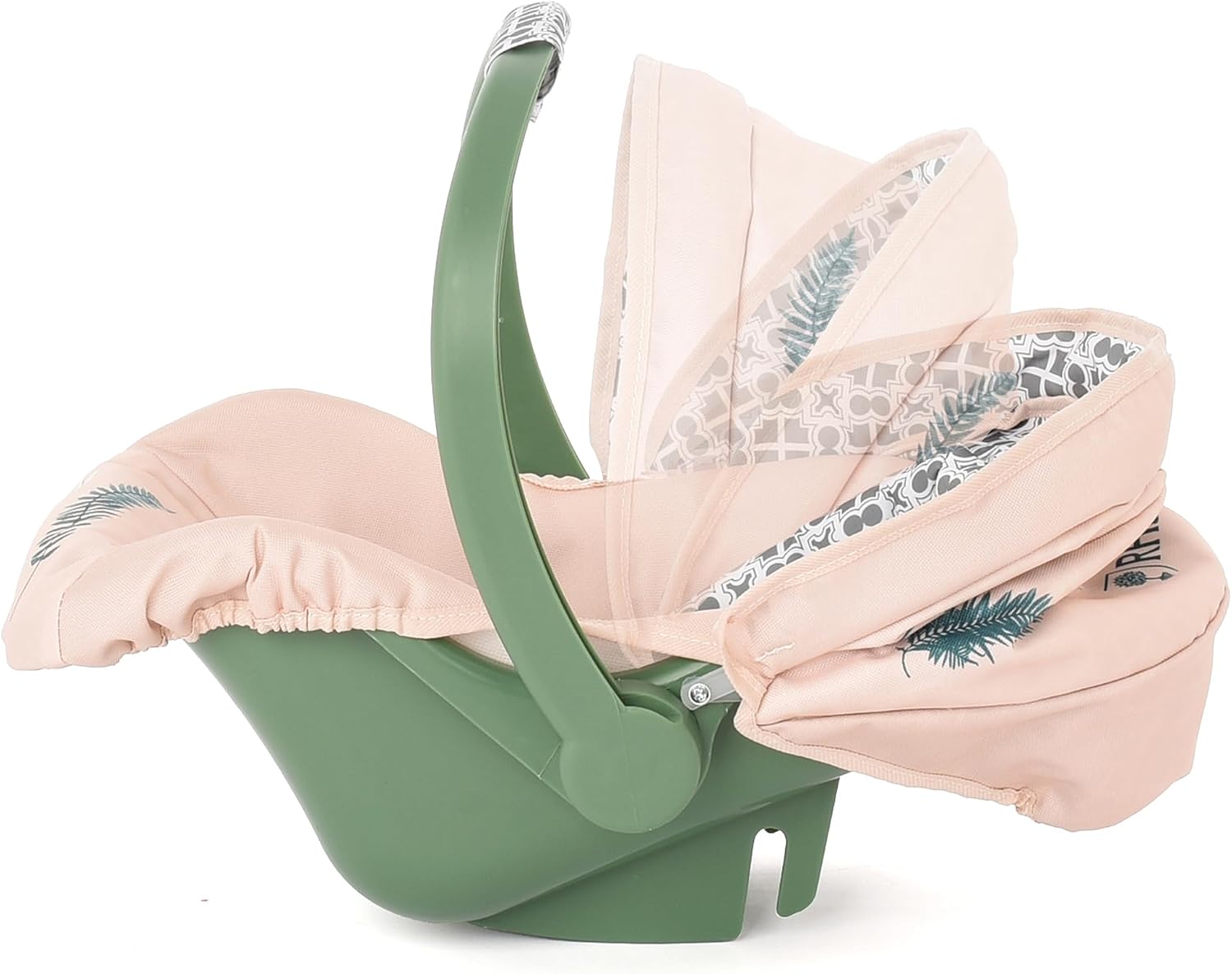 Roma Prams: RHS Doll Car Seat - Fern - Cream & Green, Carrier Travel Accessory, Adjustable Canopy & Handle, Roleplay Toy for Dolls Up to 16.5", Kid 3+