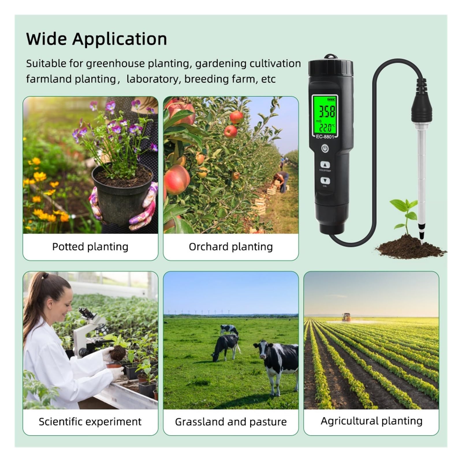 Humidimètre pour sol, Testeur de sol numérique, conductimètre, capteur de précision avec ATC for la culture hydroponique, la plantation et le jardinage Pour le jardinage et l'agriculture(EC-8801BB)