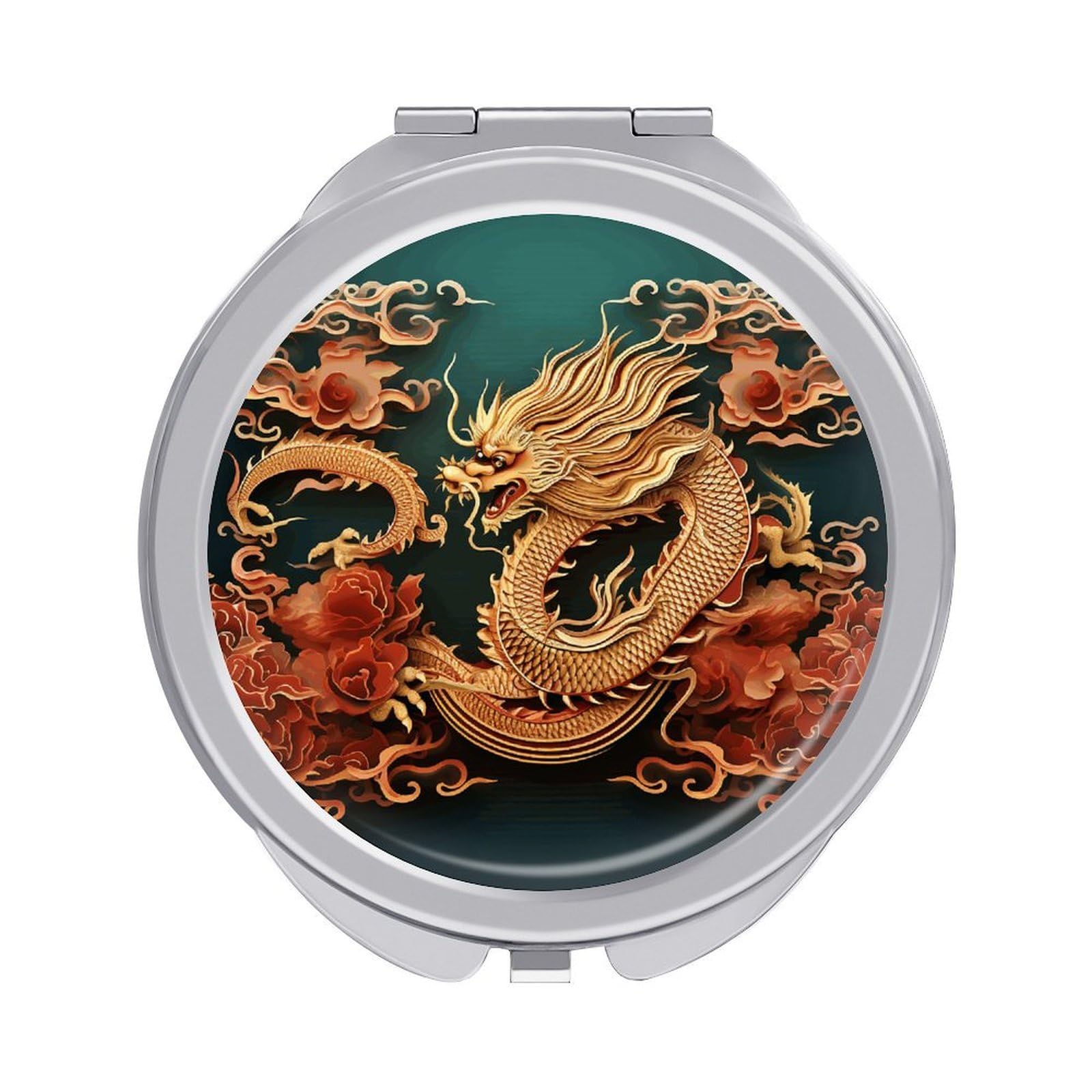 VstaDank Dragon Chinese Background Travel Makeup Mirrors Exquisite Double-Sided 2X/1X Magnifying Folding Pocket Mirror Portable Round Handheld Mirror Mini Compact Mirrors for Outdoor Home