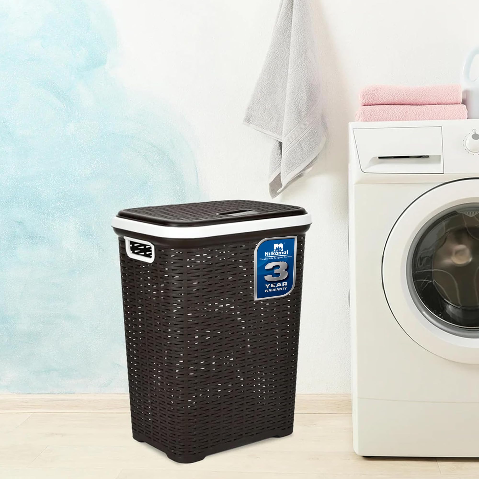Nilkamal Elegance Laundry Basket 50 Litre with Lid|3-Year Warranty|Robust with In-Built Handles |For Cloth, Blankets, & Laundry Storage|Ideal for Home, Bedroom & Bathroom (Season Rust Brown)