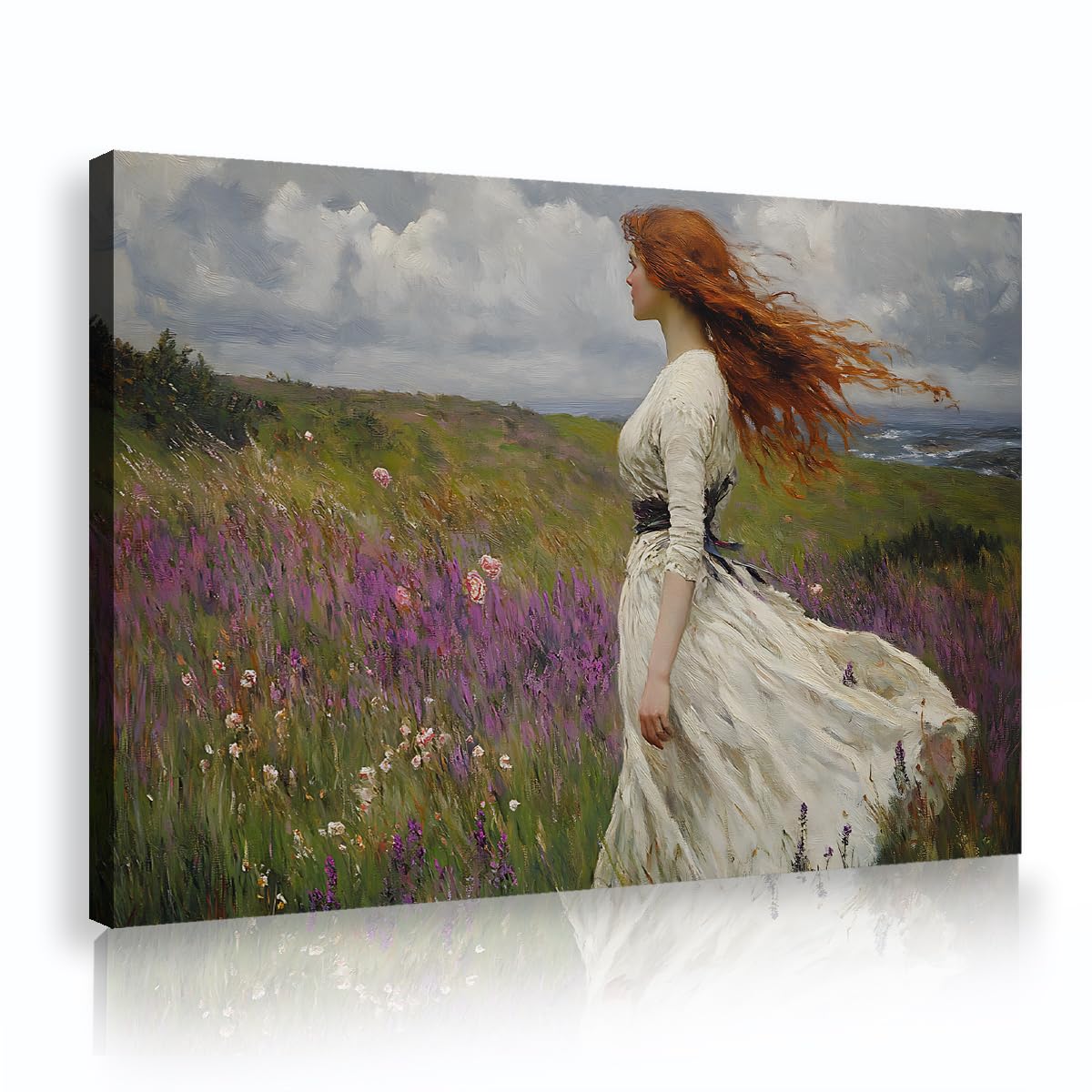 Via Vela Vintage Redhead Woman Framed Canvas Artwork Office Wind Blowing Meadow Pictures Painting Nostalgic Wall Posters for Bedroom Decor 60x90cm