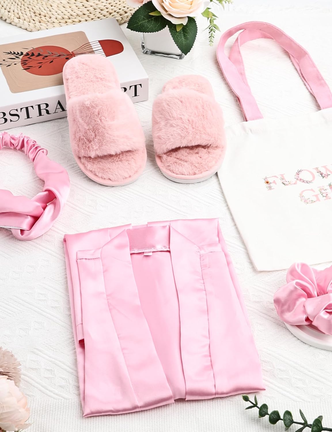 10 Pcs Flower Girl Robe Set Flower Girl Robes Slippers Canvas Bag Hairbands Hair Ties for Spa Birthday Wedding Party