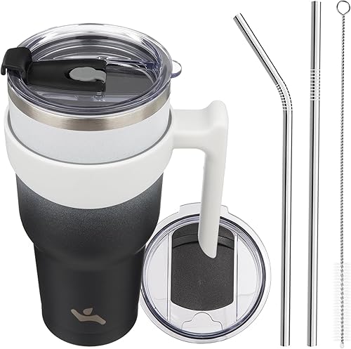 Miniatura 31 de Vaso de 30 onzas con asa y 2 pajitas, 2 tapas, botella de agua aislada de acero inoxidable con vacío, taza de viaje reutilizable, color lavanda