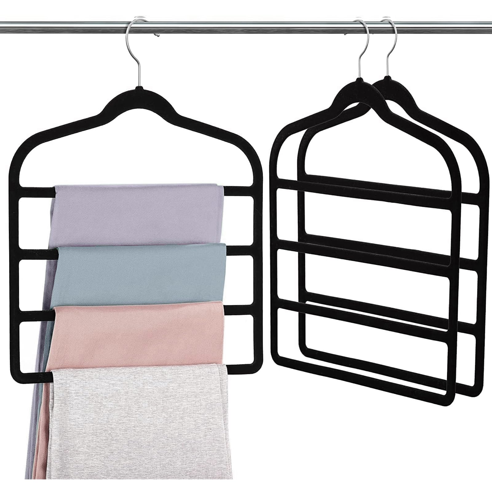 Juego de 3 perchas de terciopelo para pantalones de 4 capas, ahorra espacio, antideslizantes, para vaqueros, pantalones, leggings, corbatas, bufandas y toallas, varias capas