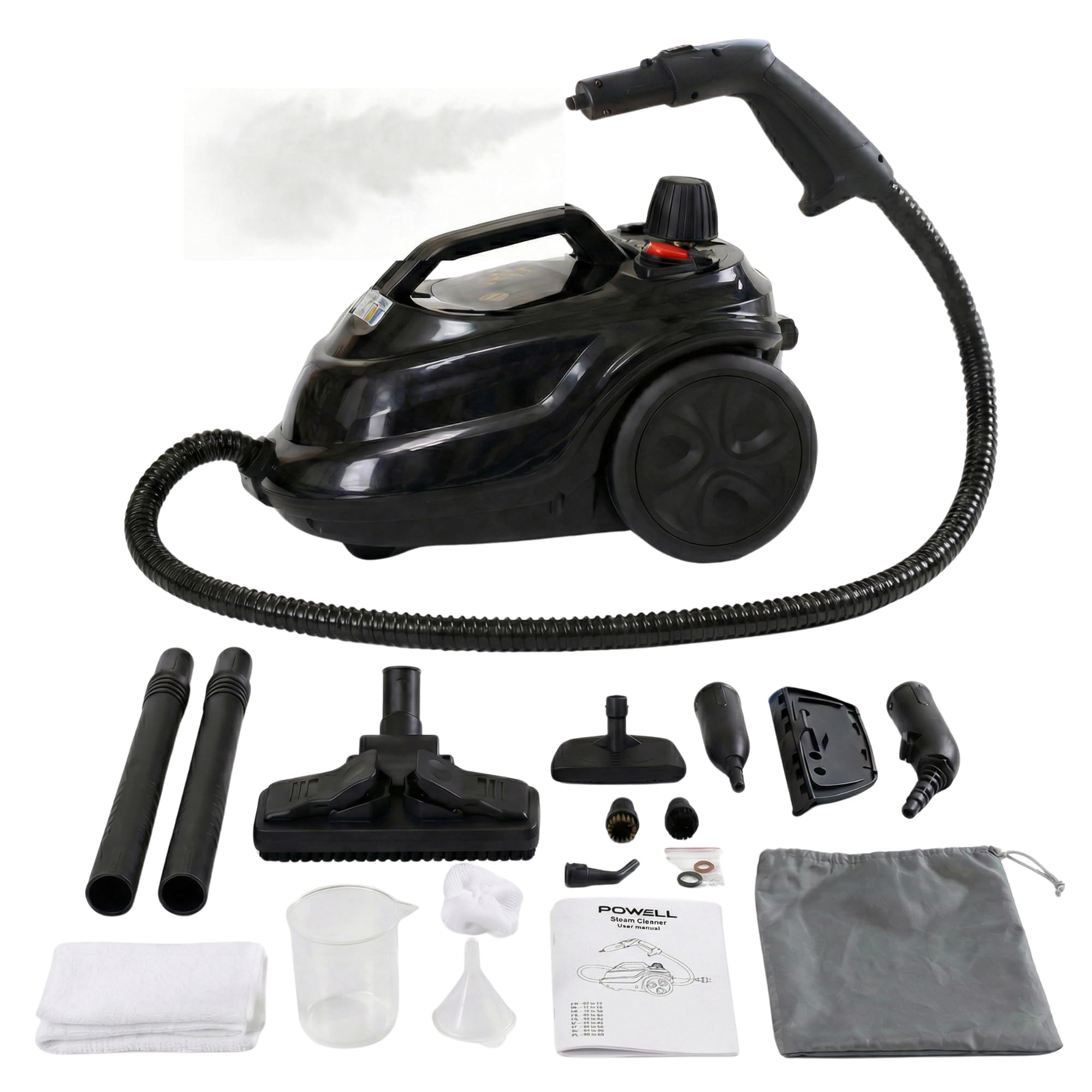 Powell Limpiador A Vapor De 2000 W - Mopa A Vapor Multisuperficie Para Alfombras, Suelos, Sofás Y Baños | Máquina Quitamanchas Con Accesorios Para Ventanas Y Azulejos - Negro