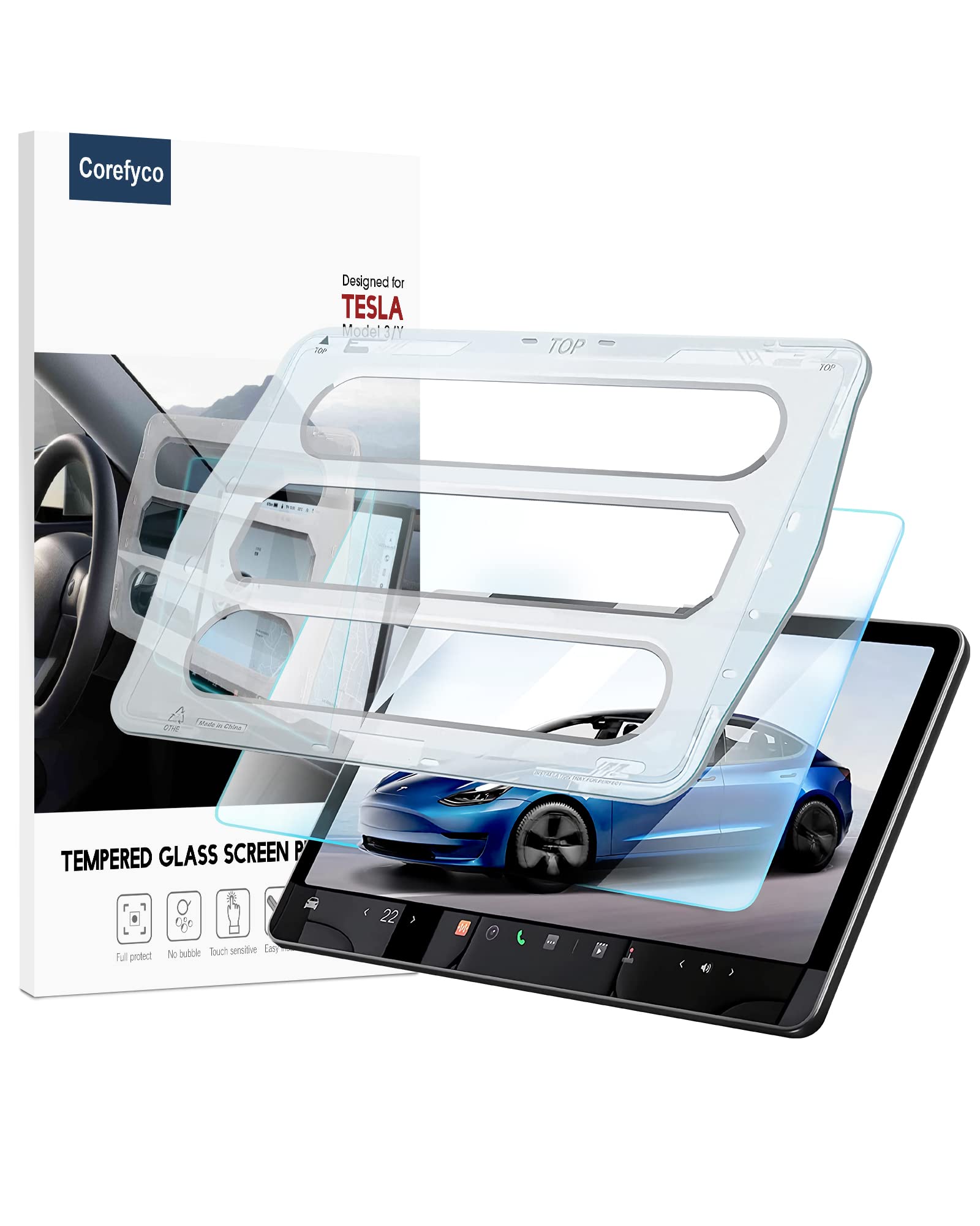 Tempered Glass Screen Protector Designed for Tesla Model 3 / Y Center Control Touchscreen [Automatic Alignment] [9H Hardness] [Anti-Scratch] for Tesla Model 3 / Y Accessories