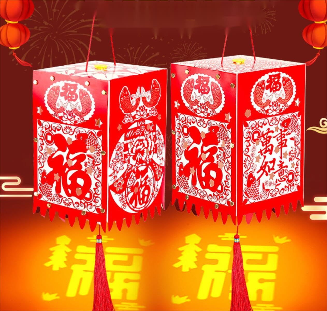 2pcs Chinese Red Lanterns Mid-Autumn Festival Hand-held DIY Traditional Chinese Lunar New Year Hanging Red Lantern Paper Cutting Spring Festival Hanfu Cosplay