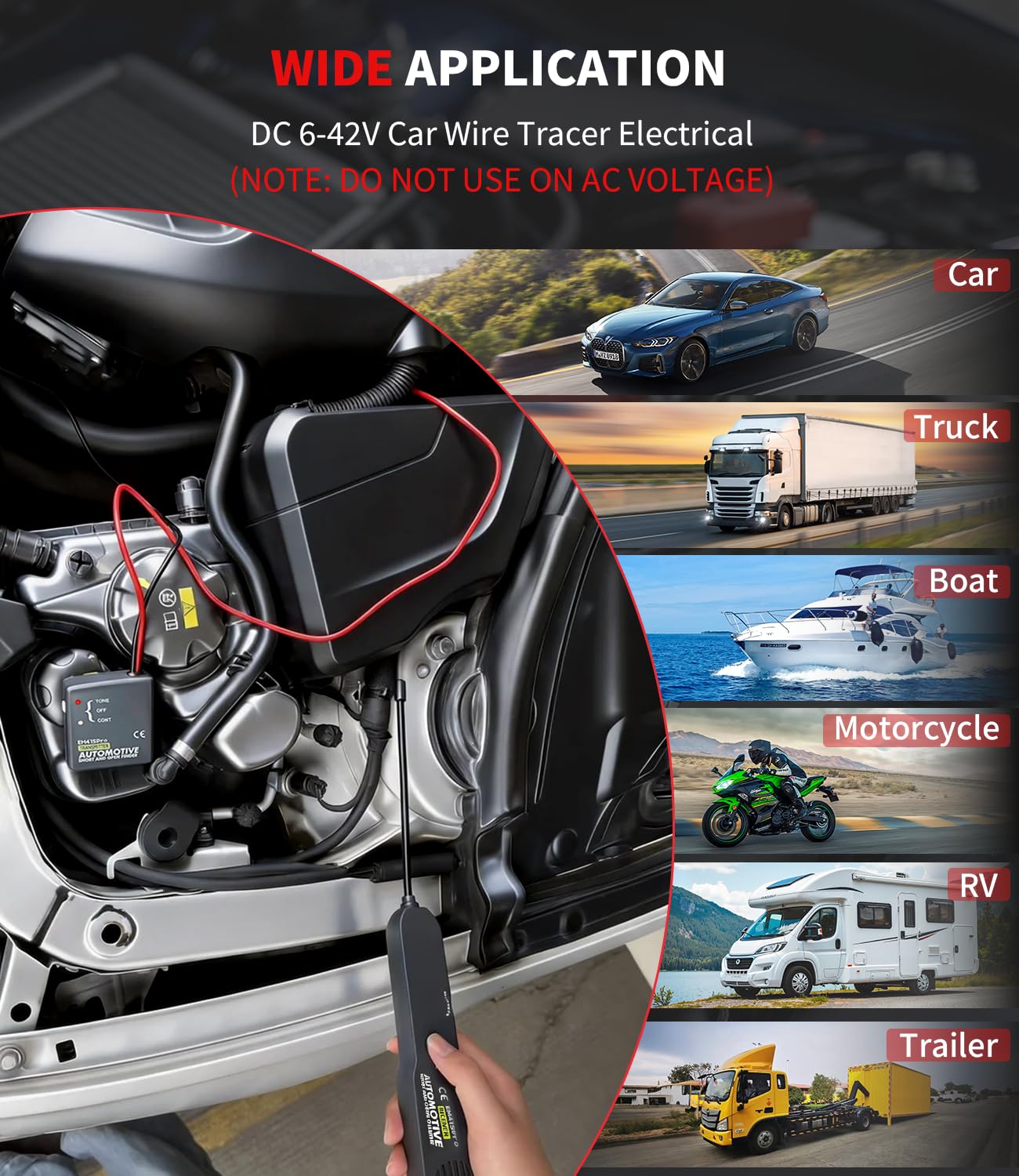 EM415Pro Kabelsucher – Fehler- und Kurzschlussdetektor für die Kfz-Elektrik, VEHLIVE 6–42 V DC-Schaltkreistester, Kfz-Sicherungsdetektor, Fehlersonde, Kabelsucher für Auto, Boot und Anhänger