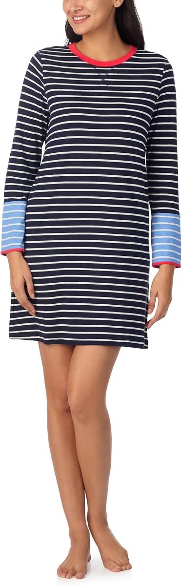 Nautica Pijama de cuello redondo para mujer, a mitad del muslo, rayas de bloque de color, suave y transpirable jersey de algodón/rayón