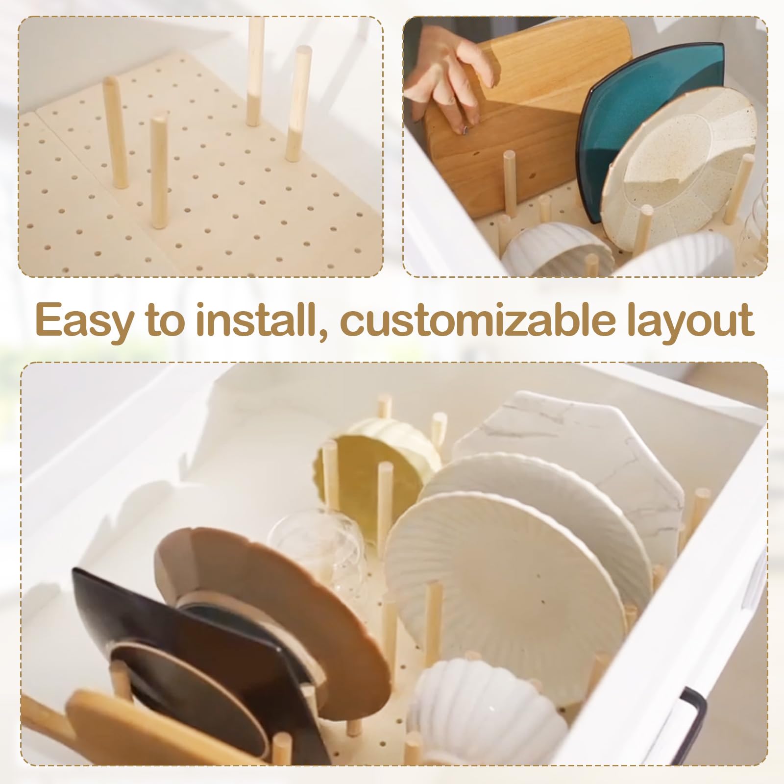 Ysislybin houten pegboard lade organizer, 4 stuks, systeem met 32 stokken, verstelbare plaat, keukenpegboard voor voedselcontainers