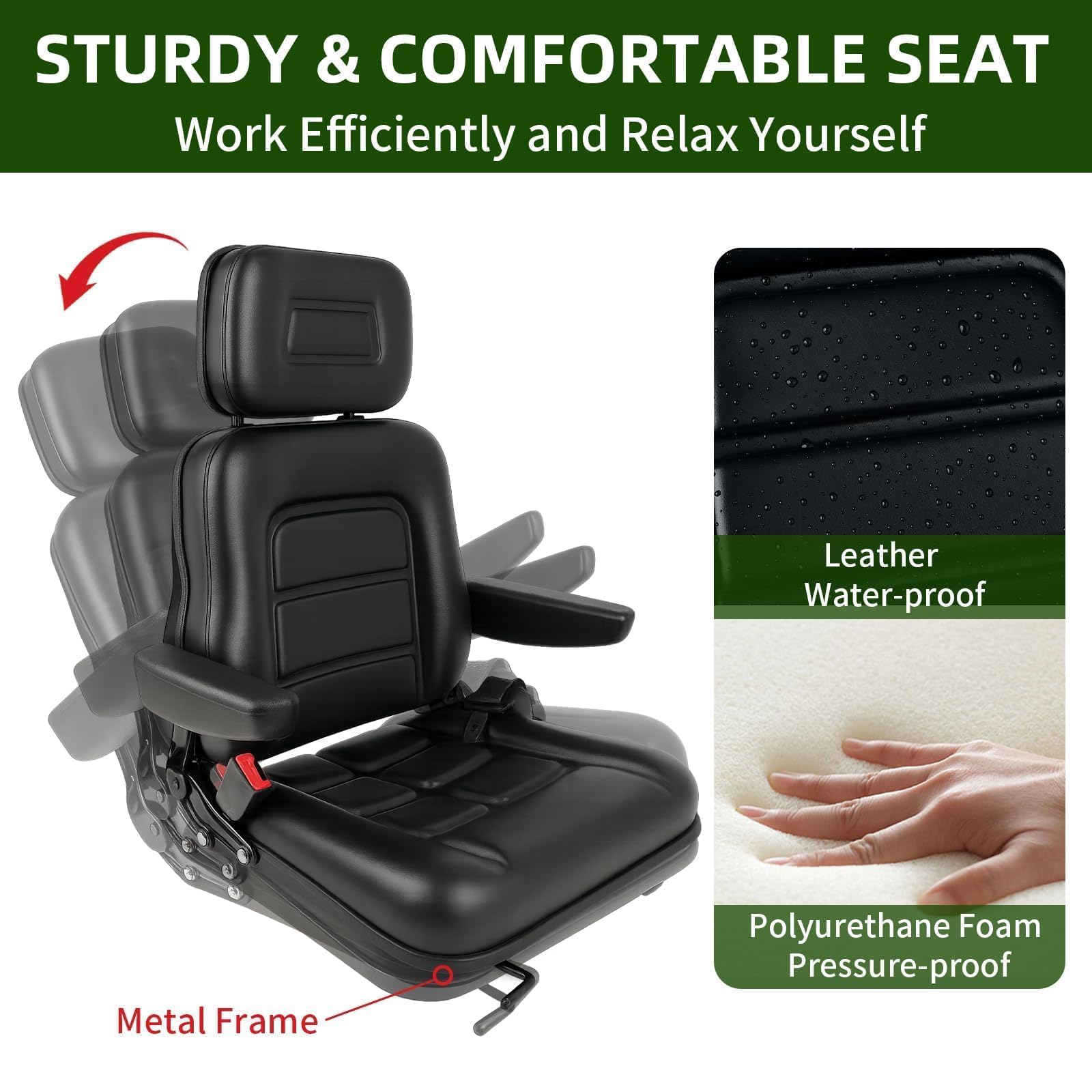 Universal Adjustable Forklift Seat, Tractor Seat with Armrest Headrest and Automatic Seatbelt, 26-27.5 In Height Adjustable Waterproof Loader Forklift Seat for Garden Tractor, Bucket, Excavator — view 6