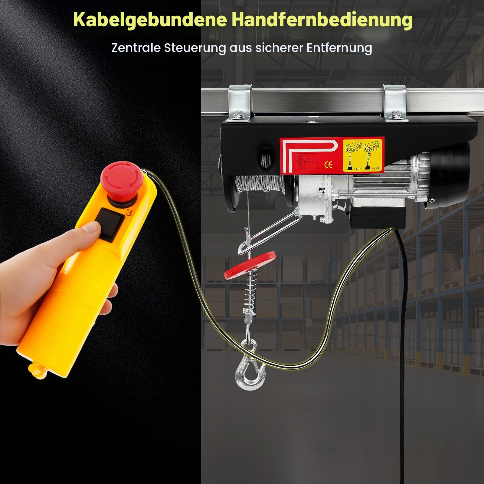 Seilwinde Elektrisch 230V | 125 & 250KG (EK/DK) | 18m EK & 9m DK Hubhöhe | 550W | Endabschaltung | Upgrade Seilzug mit Fernbedienung, 2 Haken Elektrische Seilwinde für Fabriken