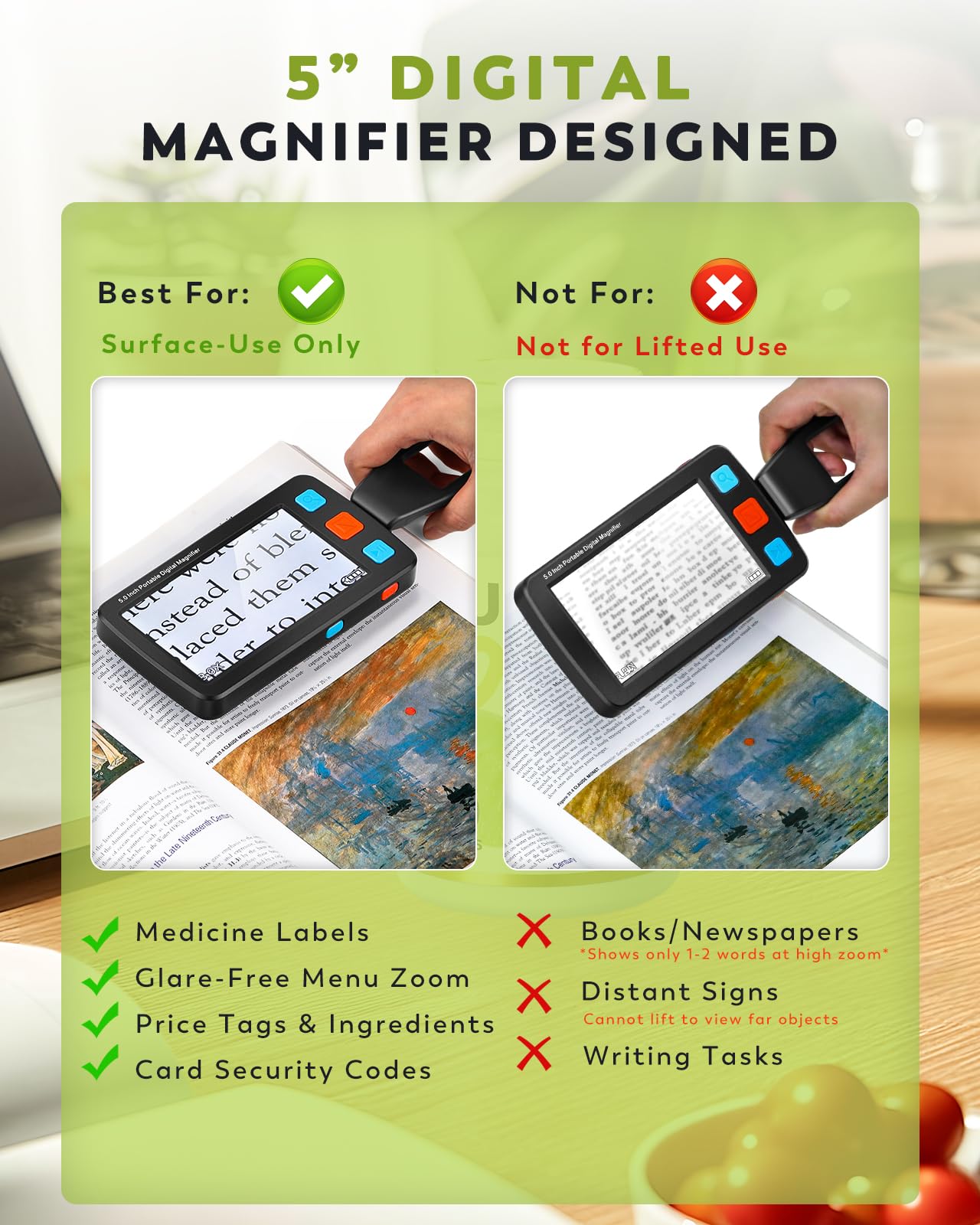 12,7 cm tragbare digitale Lupe, 4X-32X Zoom Elektronische Lesehilfe mit faltbarem Griff für schwache Sehkraft/Senioren/Kinder, ideal für schnelles Lesen - Nicht empfohlen für lange Bücher
