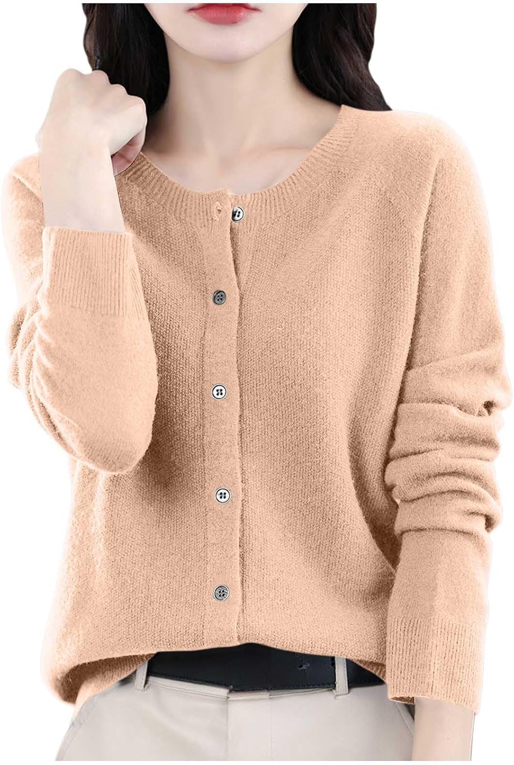 Women's Casual Raglan Sleeve Sweater - Button-Down Crew Neck Pullover Knit Top, Relaxed Fit Fashion Cashmere Sweater