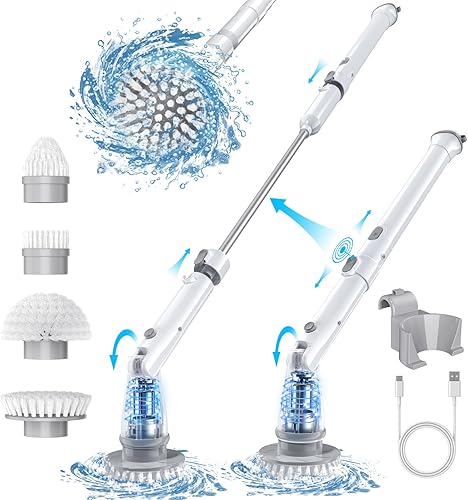 Limpiador eléctrico giratorio, cepillo de limpieza inalámbrico con 7 cabezales de cepillo reemplazables, 2 ángulos ajustables y mango de extensión