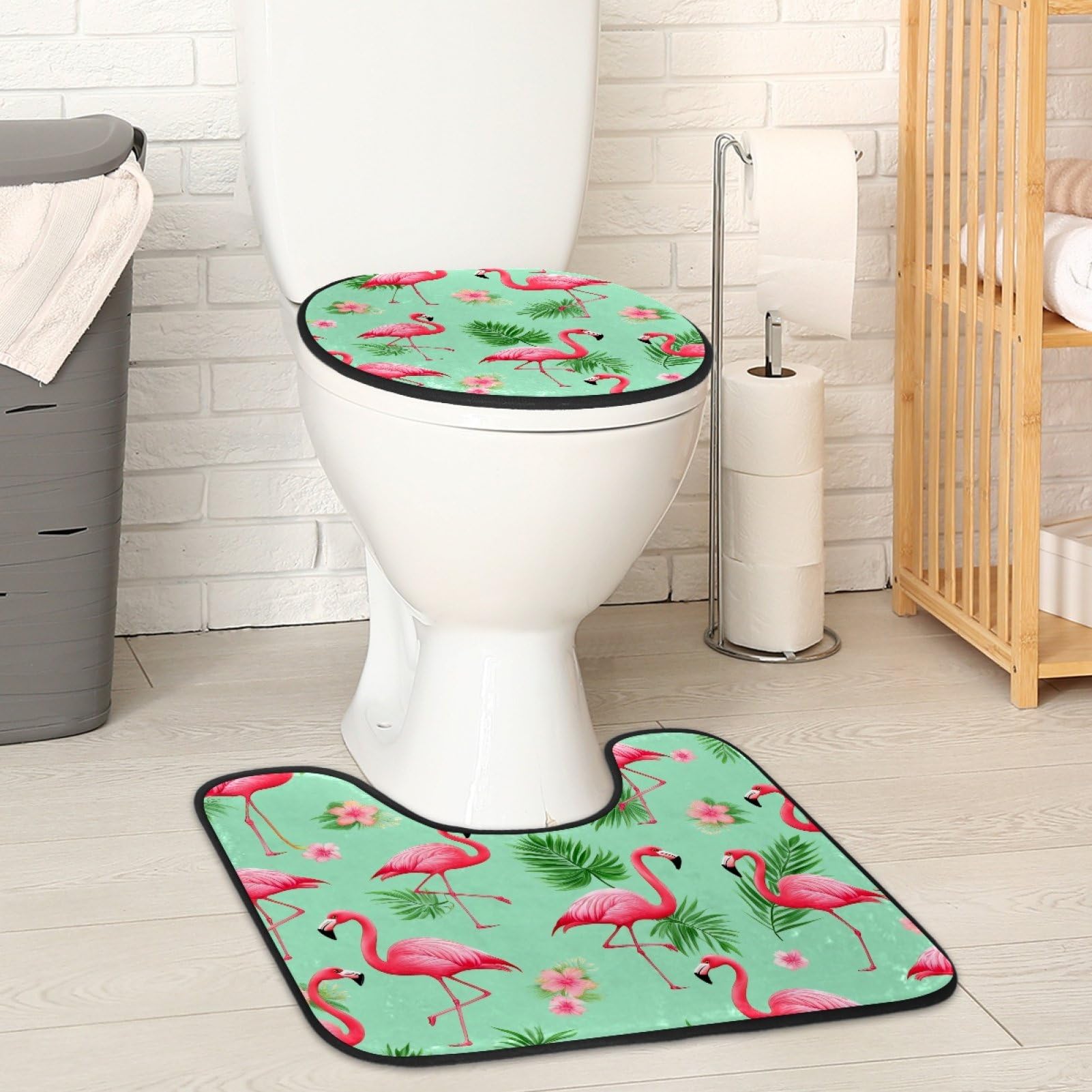 2 Pieces Flannel Toilet Contour Mat and Toilet Lid Cover, Soft Toilet Lid Cover Set Machine Washable Non Slip Contour Mat for Bathroom Decor Accessories