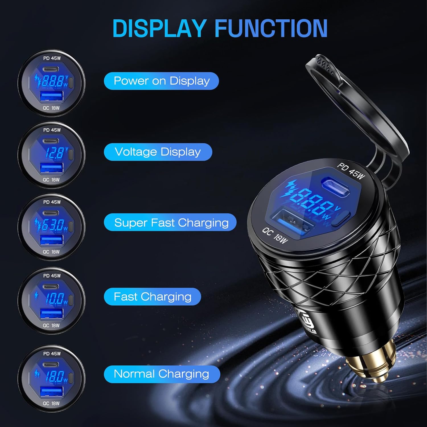 Din Hella Plug to USB Charger Adapter: 45W USB C PD3.0 & 18W QC3.0 Motorcycle Charger Outlet for 12V-24V BMW Triumph Tiger Ducati, Waterproof Dual Phone Fast Charge Port Powerlet with LED Voltmeter - Image 4