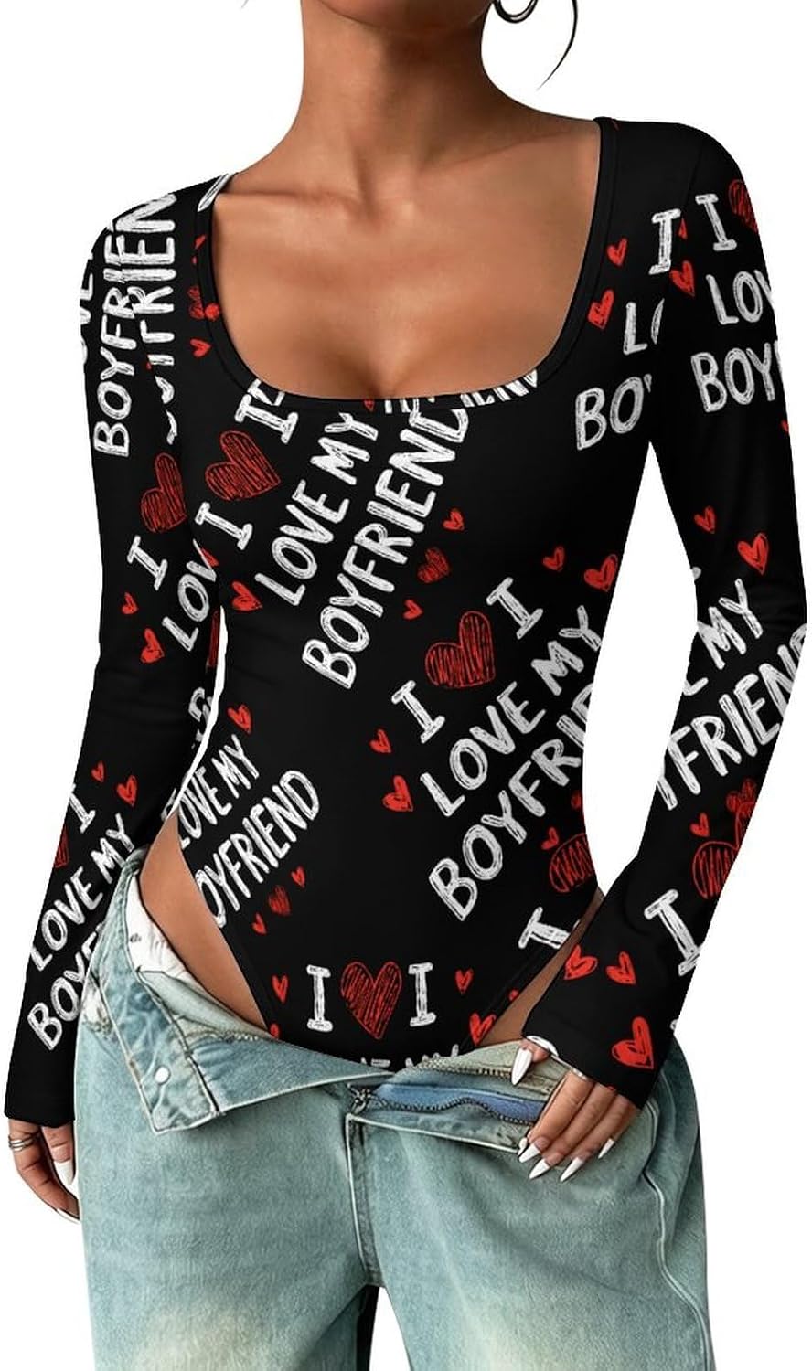 I Love My Boyfriend Heart Women's Bodysuits Long Sleeve Top 5XL