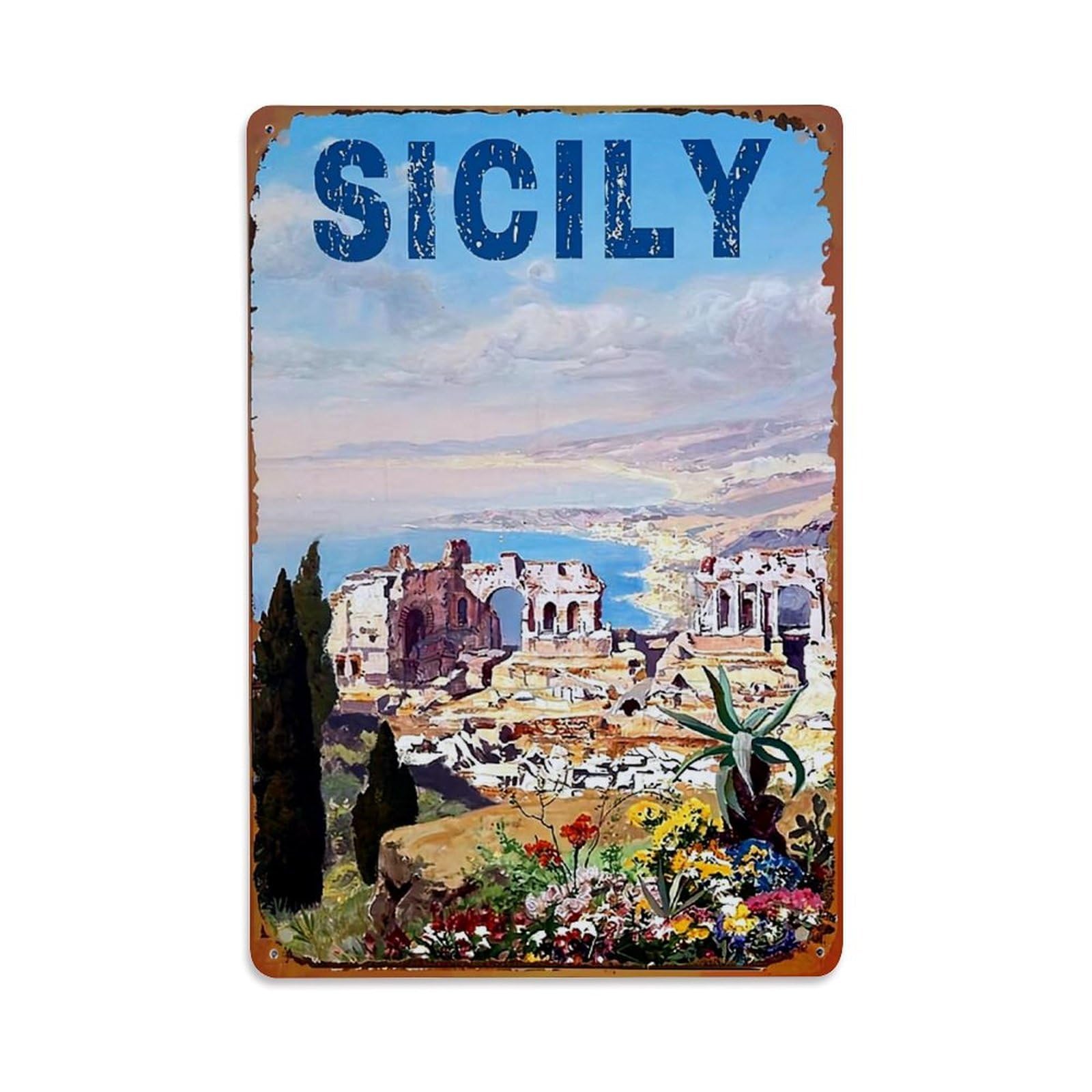 Jdfenggu Vintage Sicily Ancient Ruins Coastal Landscape Retro Metal Tin Sign, Metal Poster For Bar, Home, Man Cave, Kitchen, Laundry Room Art Decor 8X12 Inch