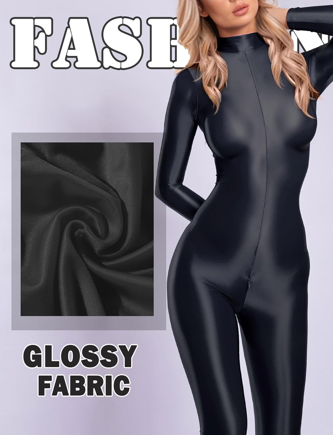 Women's Oil Shiny Glossy Sexy Full Bodysuits Long Sleeve One Piece Catsuit Satin Smooth Zipper Crotch Jumpsuit - Image 5