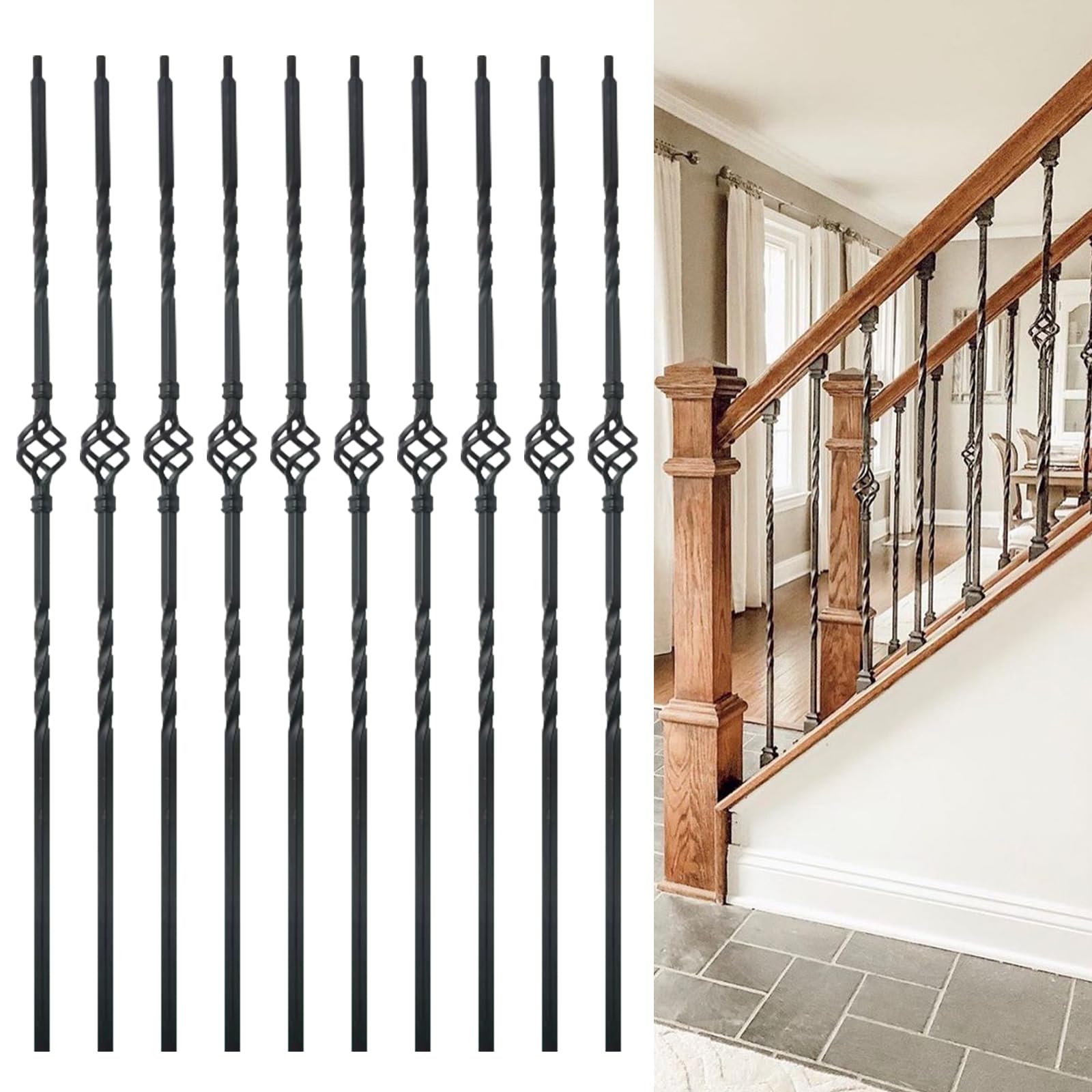 DEVALLEY Wrought Iron Balusters (Set of 10),Hollow Single Basket Stair Spindles,Decorative Metal Balusters Spindles for Decks,1/2 inch Stair Railing,