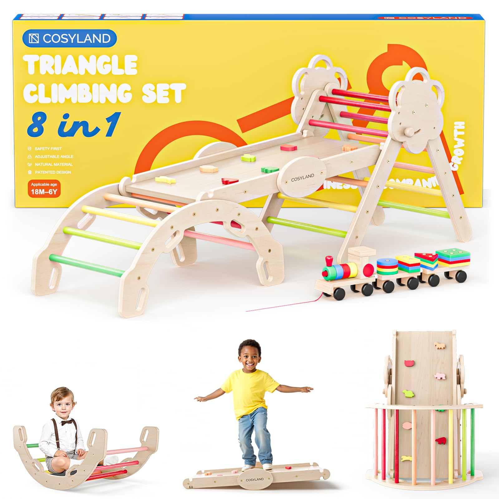 COSYLAND 8 en 1 Triángulo de Escalada Montessori con Arco y Rampa, Set Plegable Infantil, Juguete de Madera Resistente para Interior, Niños 18 Meses-6 años, Colores Cálidos, Grande