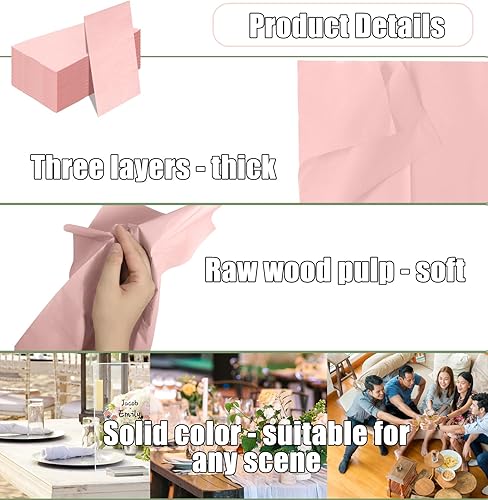 Miniatura 3 de 100 servilletas de papel de 3 capas de color rosa claro de 13 x 15.7 pulgadas, toallas desechables de papel para baño, cocina, boda, fiesta de