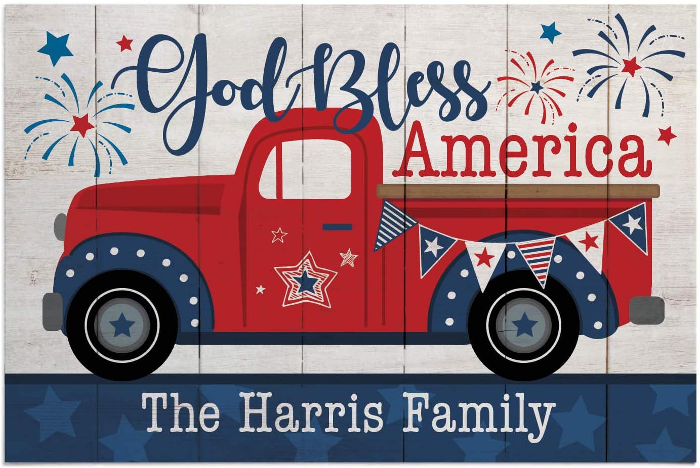 Personalized Planet God Bless America Fireworks Vintage Pickup Truck Doormat with Custom Name Printed on 1/8” Thick Rectangular Non Slip Mat for Indoor Hallway Kitchen or Outdoor Deck Porch, 27x18