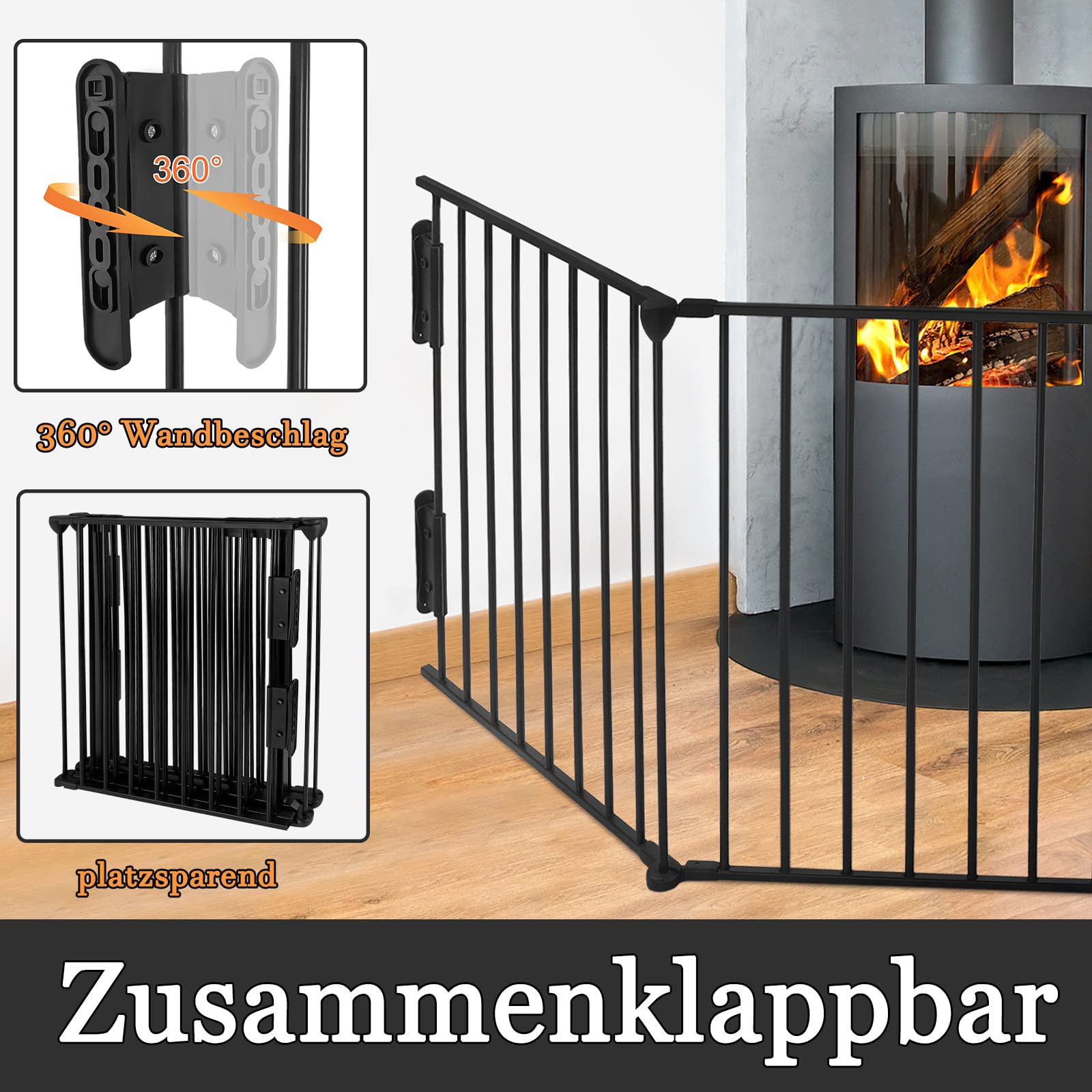 YRHome Rejilla de protección para chimenea plegable de metal con puerta, 300 cm de longitud total, 75 cm de altura, color negro, incluye 5 elementos para seguridad infantil