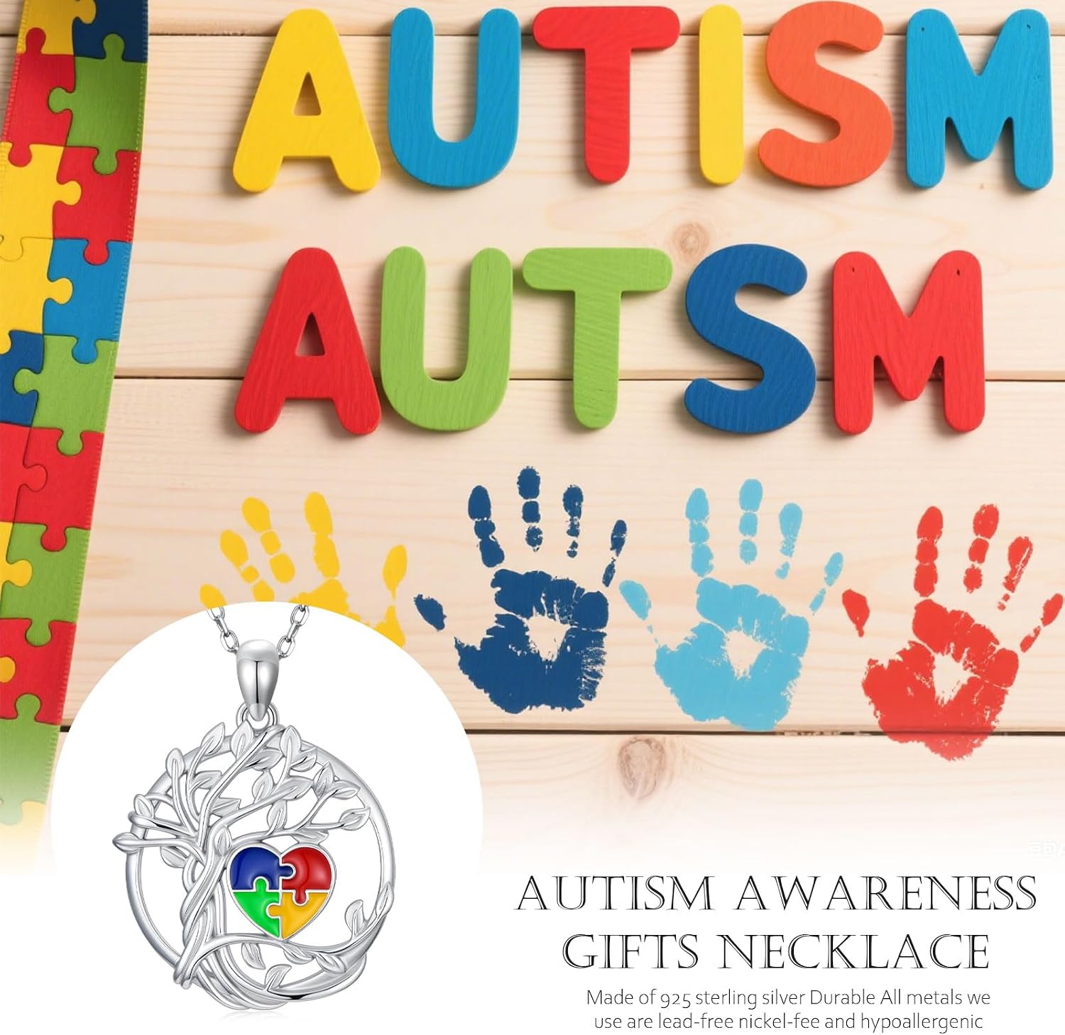 Autism Awareness Necklace Gifts for Women 925 Sterling Silver Puzzle Piece Colorful Pendant Autism Mom Jewelry Inspirational Gift for Autistic